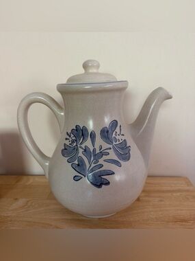 Stoneware Floral Coffee Pot - Blue on Cream